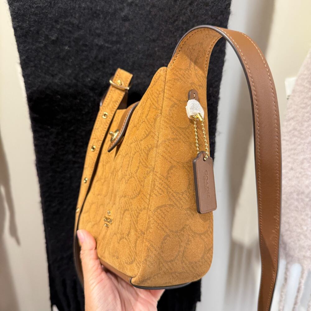 Coach Hadley Mini Crossbody Bag In Signature Suede CCE16, suede/Im/Caramel NWT - Picture 2 of 15